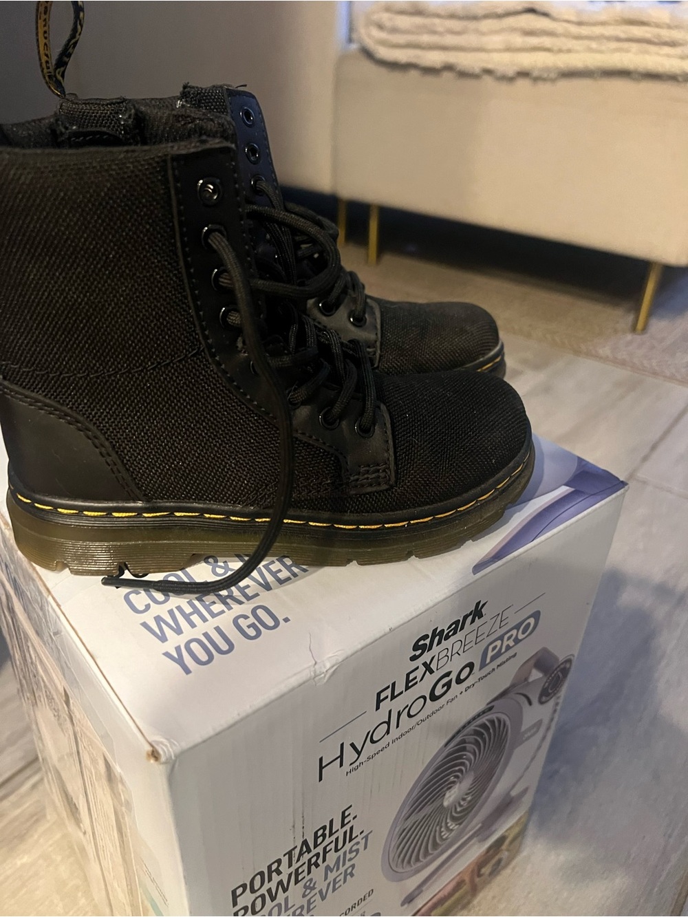 Dr. Martens Black Youth Lace-Up Canvas Combat Boots with Yellow Welt Stitching